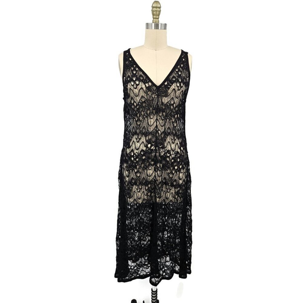 New Eileen Fisher Black V-Neck Dress Womens L Crochet Lace Sheer